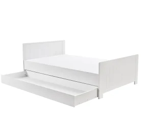 Białe łóżko z kolekcji Blanco, rozmiar 200x120/200x140, wykonane z MDF, z wysuwaną szufladą do spania lub przechowywania