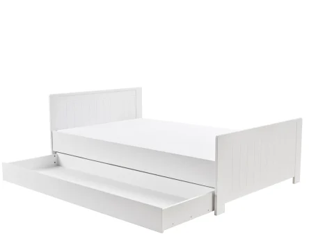 Białe łóżko z kolekcji Blanco, rozmiar 200x120/200x140, wykonane z MDF, z wysuwaną szufladą do spania lub przechowywania
