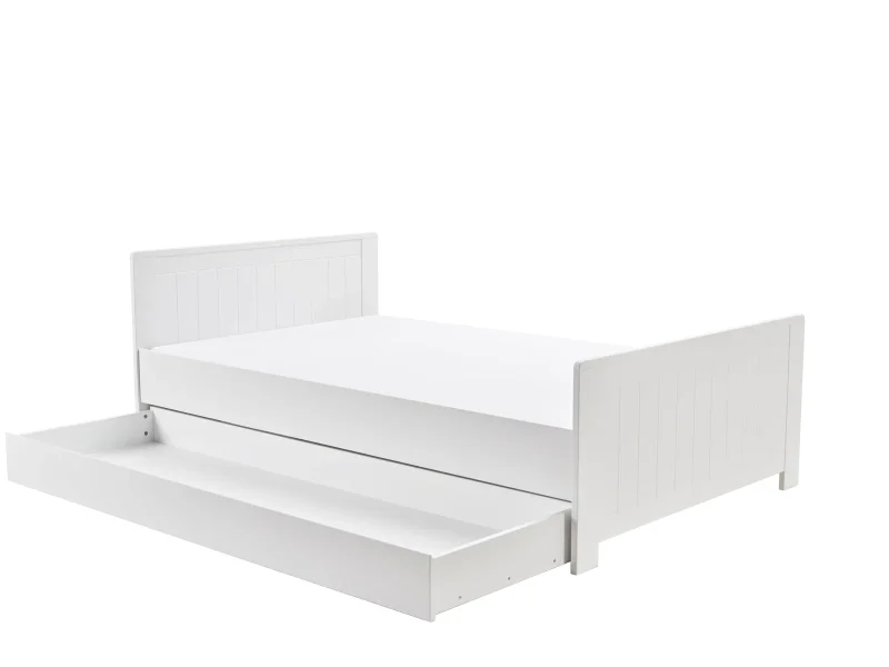 Białe łóżko z kolekcji Blanco, rozmiar 200x120/200x140, wykonane z MDF, z wysuwaną szufladą do spania lub przechowywania