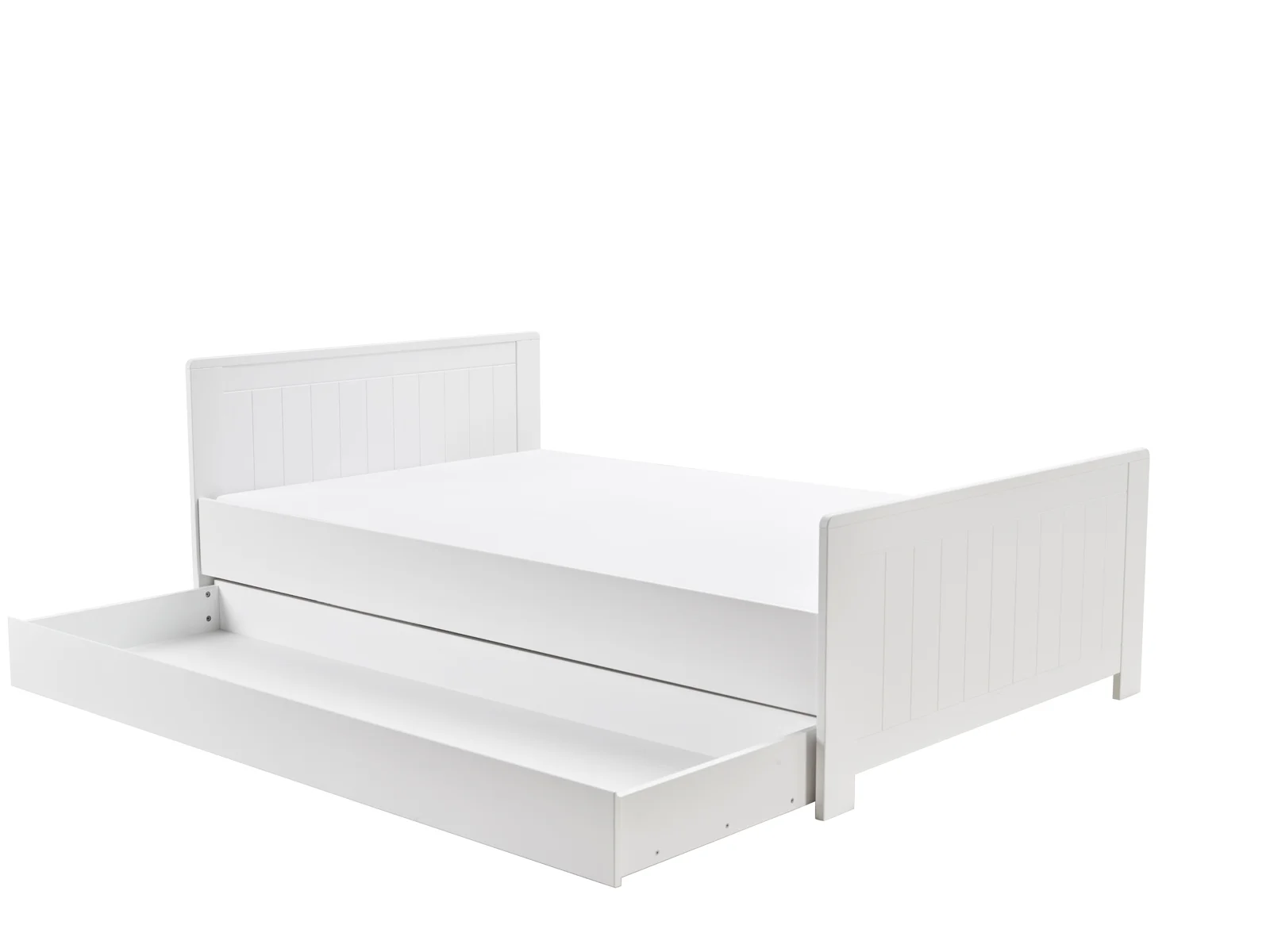 Białe łóżko z kolekcji Blanco, rozmiar 200x120/200x140, wykonane z MDF, z wysuwaną szufladą do spania lub przechowywania