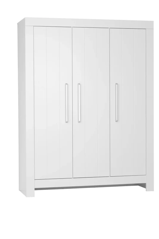 Szafa 3-drzwiowa z kolekcji Calmo w kolorze białym, prosty nowoczesny design z pionowymi uchwytami