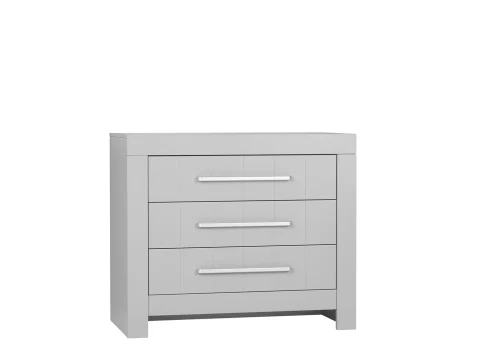 Komoda 3-szufladowa z kolekcji Calmo w kolorze szarym, prosty nowoczesny design z trzema szufladami i srebrnymi uchwytami