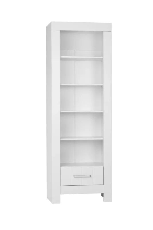 Biały regał z kolekcji Calmo, wysoki mebel z czterema otwartymi półkami i szufladą na dole, kolor biały, zdjęcie typu packshot na białym tle