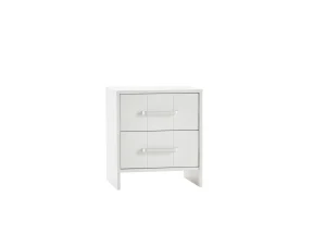 Szafka nocna z kolekcji Calmo w kolorze białym, dwuszufladowa z metalowymi uchwytami, nowoczesny design